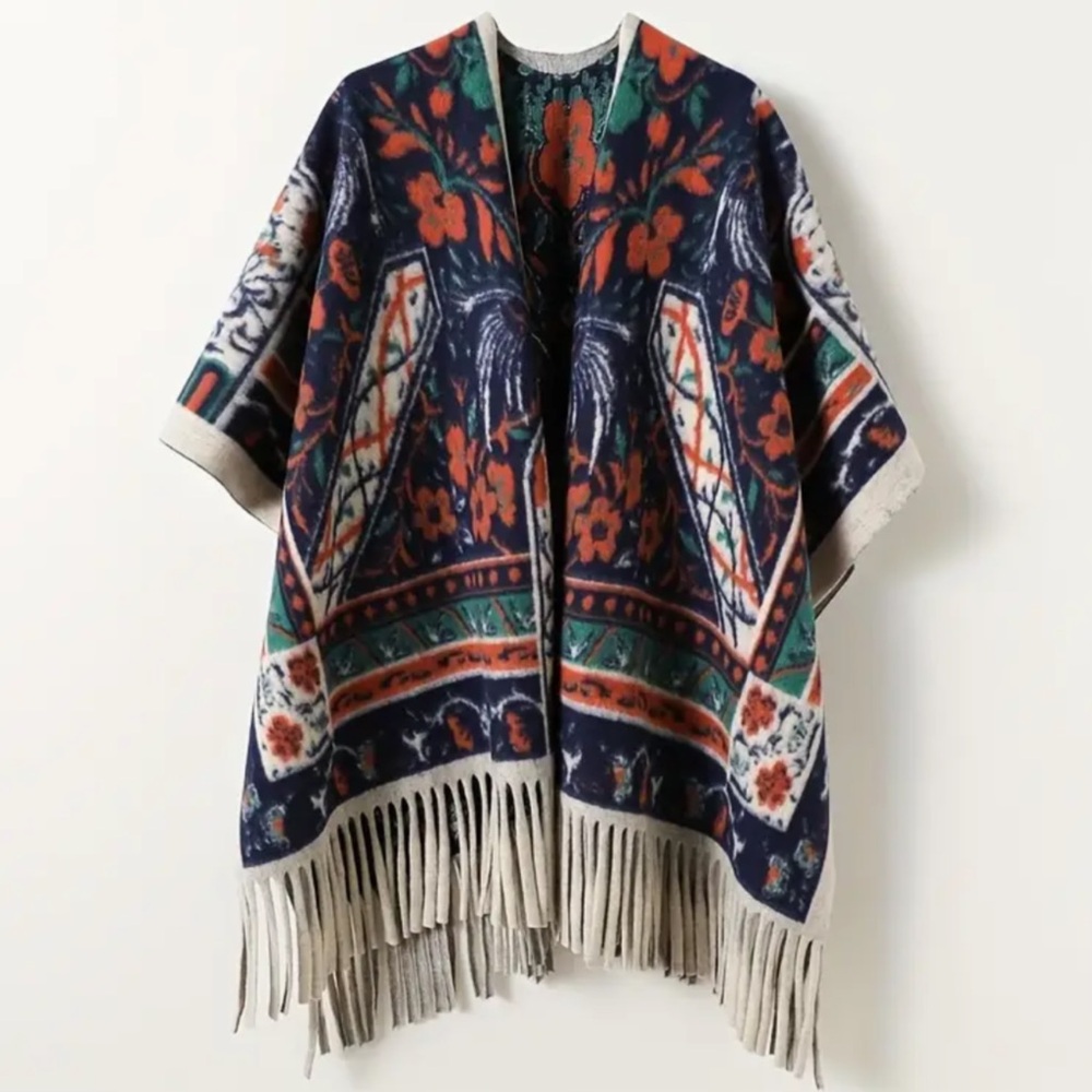 Boho Multicolor Patterned Poncho - Picture 1 of 7